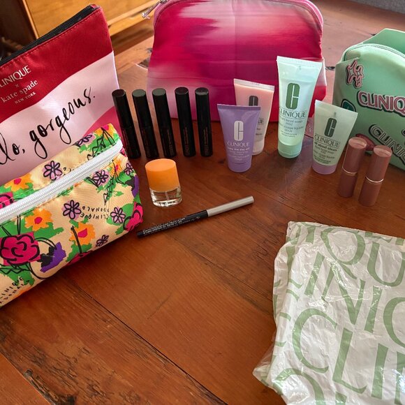 CLINIQUE MAKEUP SKINCARE, COSMETIC BAGS: 17 PIECES! X KATE SPADE, X DONALD NWT - Picture 1 of 5